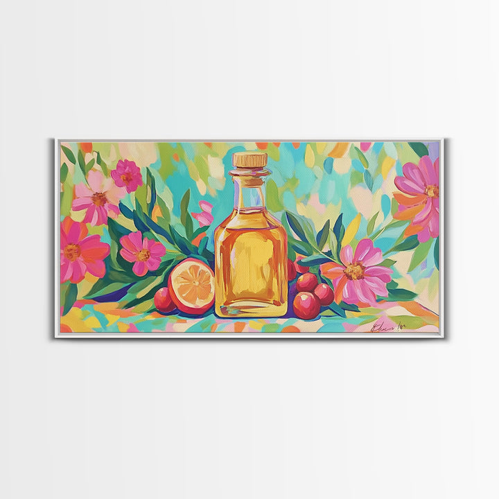 Olive Oil Bottle With Lemon And Pink Flowers Canvas Print, Mediterranean Wall Art, Botanical Kitchen Home Decor Gift For Her