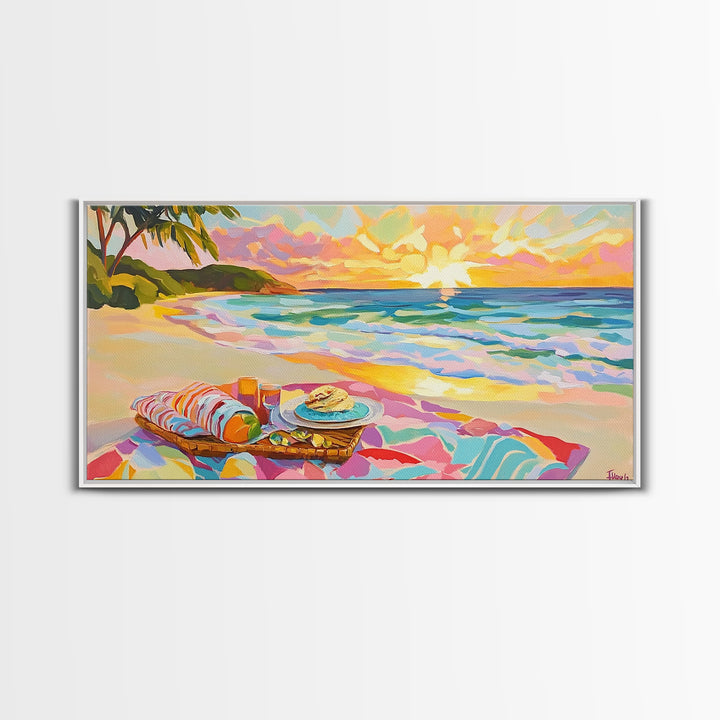 Tropical Beach Picnic At Sunset Canvas Print, Coastal Wall Art, Ocean Decor, Beach House Decor, Summer Wall Art, Gift For Her
