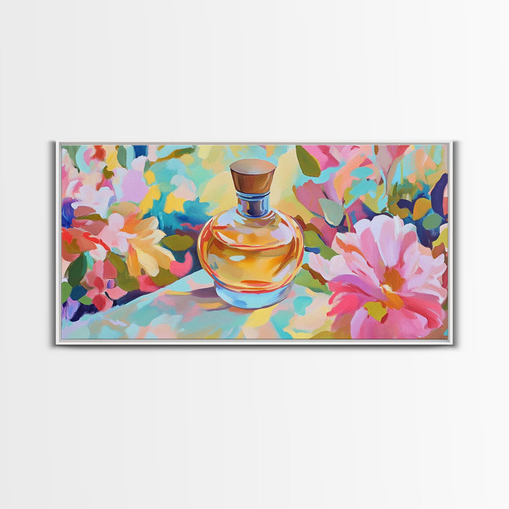 Elegant Perfume Bottle With Pink Daisy Canvas Print, Feminine Wall Art, Floral Wall Decor, Gift For Her, Romantic Decor Print