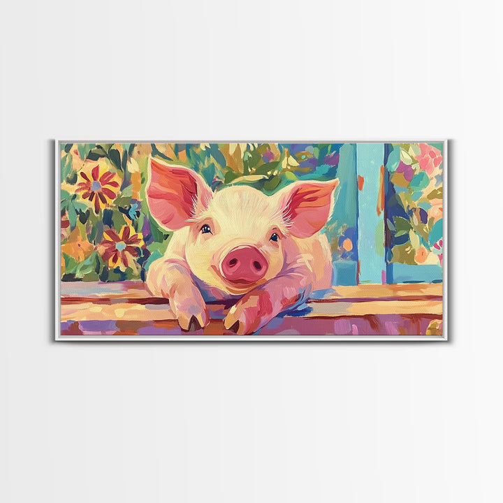 Piglet At Garden Fence Framed Canvas Print, Cute Farm Animal Wall Art, Floral Farmhouse Home And Nursery Decor, Gift For Her