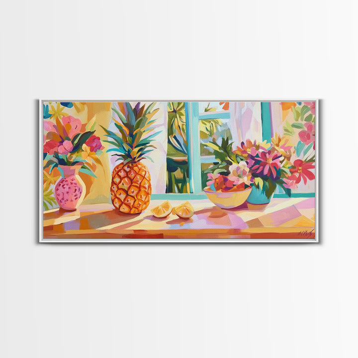 Pineapple And Tropical Flowers Canvas Print, Colorful Kitchen Wall Art, Summer Fruit Still Life, Coastal Home Decor Gift
