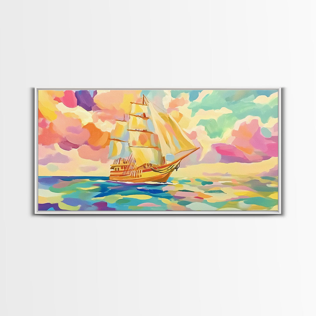 Pastel Sailboat On Turquoise Sea Canvas Print, Coastal Wall Art, Nautical Decor, Ocean Landscape, Beach House Gift For Living Room