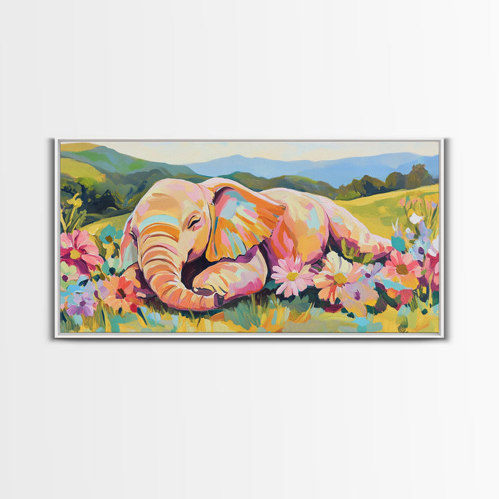 Sleeping Baby Elephant In Flower Meadow Framed Canvas Print, Safari Nursery Wall Art, Whimsical Animal Art, Kids Room Decor