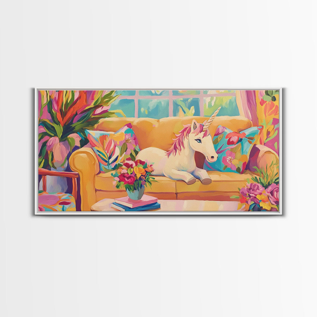 White Unicorn Lounging On Yellow Sofa Wall Art, Whimsical Nursery Art Print, Girls Room Decor, Fantasy Home Decor, Unique Gift