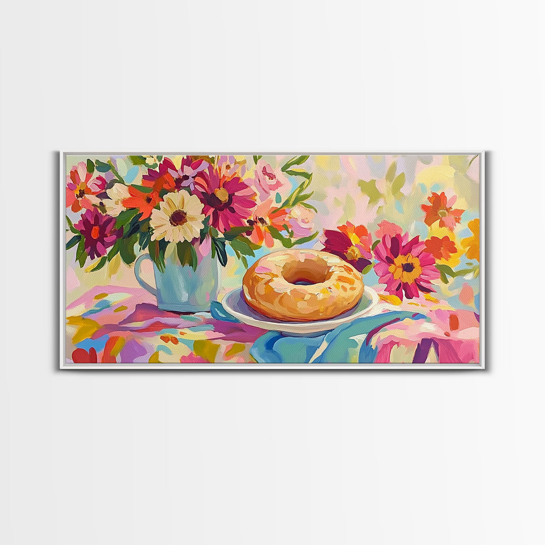 Glazed Donut And Garden Flowers Canvas Print, Bakery Wall Art, Cheerful Kitchen Decor, Colorful Breakfast Nook Art, Housewarming Gift