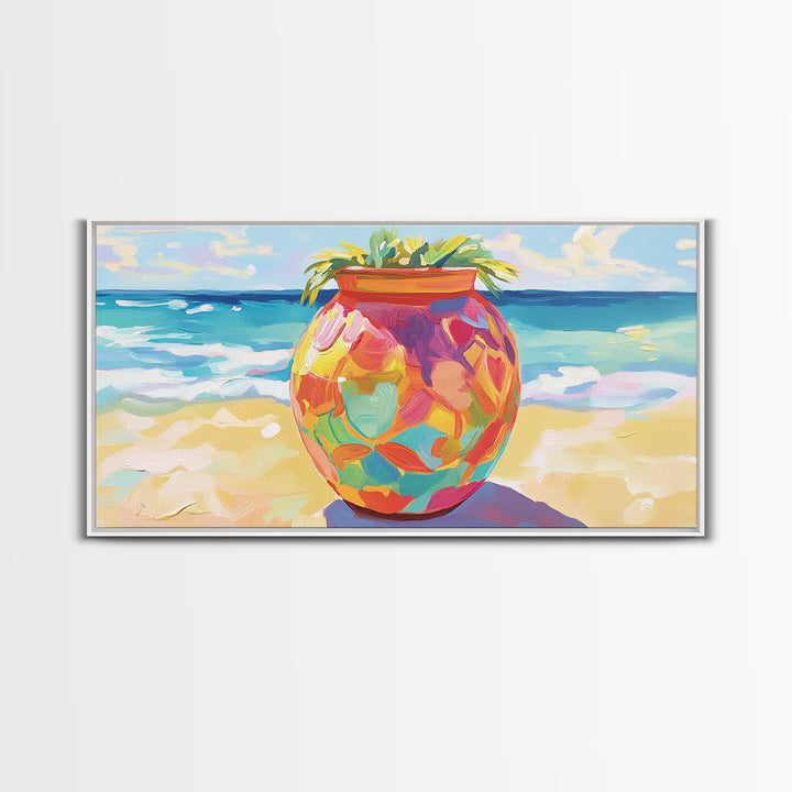 Painted Beach Planter With Ocean View Canvas Print, Coastal Wall Art, Tropical Beach House Decor, Colorful Summer Art Gift