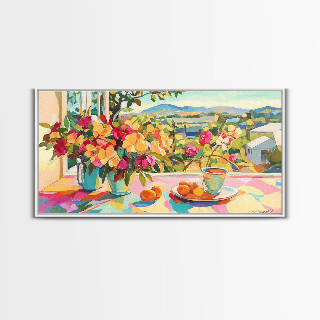 Sunny Terrace Flowers And Citrus Canvas Print, Mediterranean Wall Art, Italian Countryside Decor, Colorful Dining Room Print