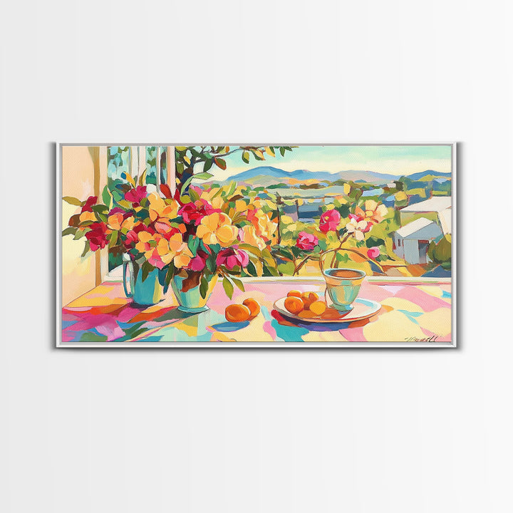 Sunny Terrace Flowers And Citrus Canvas Print, Mediterranean Wall Art, Italian Countryside Decor, Colorful Dining Room Print
