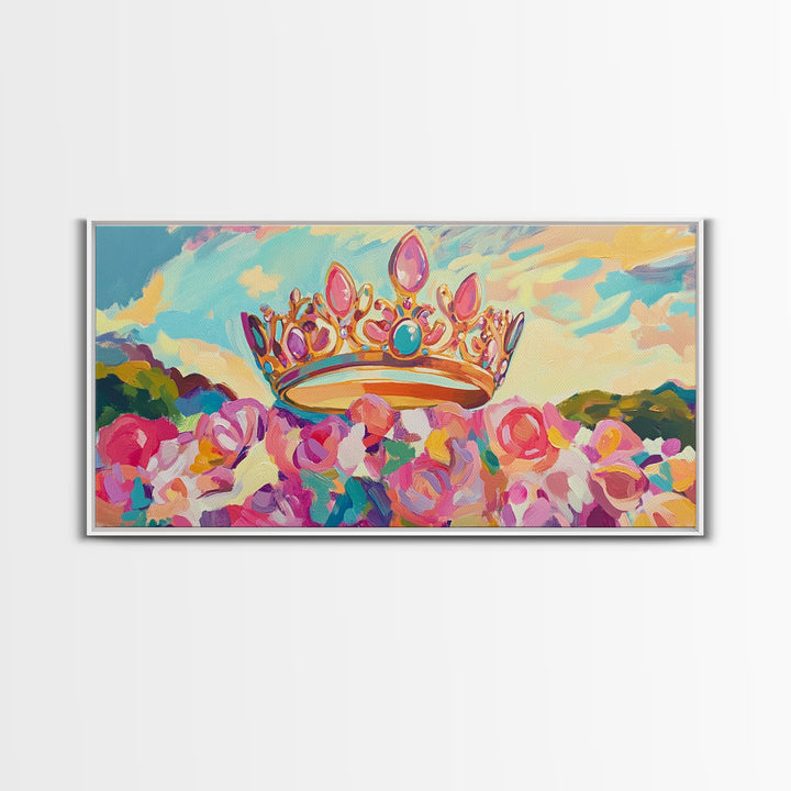 Jeweled Crown Over Pink Roses Canvas Print, Magical Princess Wall Art, Fairytale Nursery Decor, Whimsical Girls Room Gift