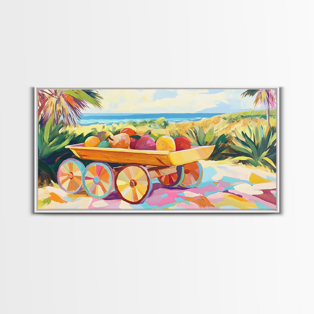 Tropical Fruit Cart By The Sea Canvas Print, Coastal Wall Art, Tropical Beach House Decor, Colorful Summer Kitchen Art Gift