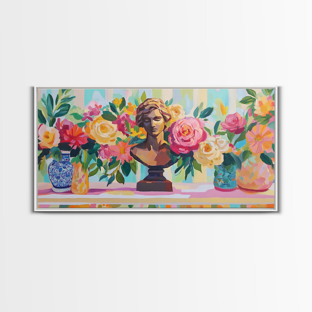 Classical Bust With Roses Framed Canvas Print, Floral Wall Art, Romantic Garden Decor, Feminine Living Room Art Gift For Her