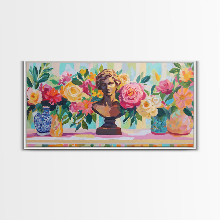Classical Bust With Roses Framed Canvas Print, Floral Wall Art, Romantic Garden Decor, Feminine Living Room Art Gift For Her