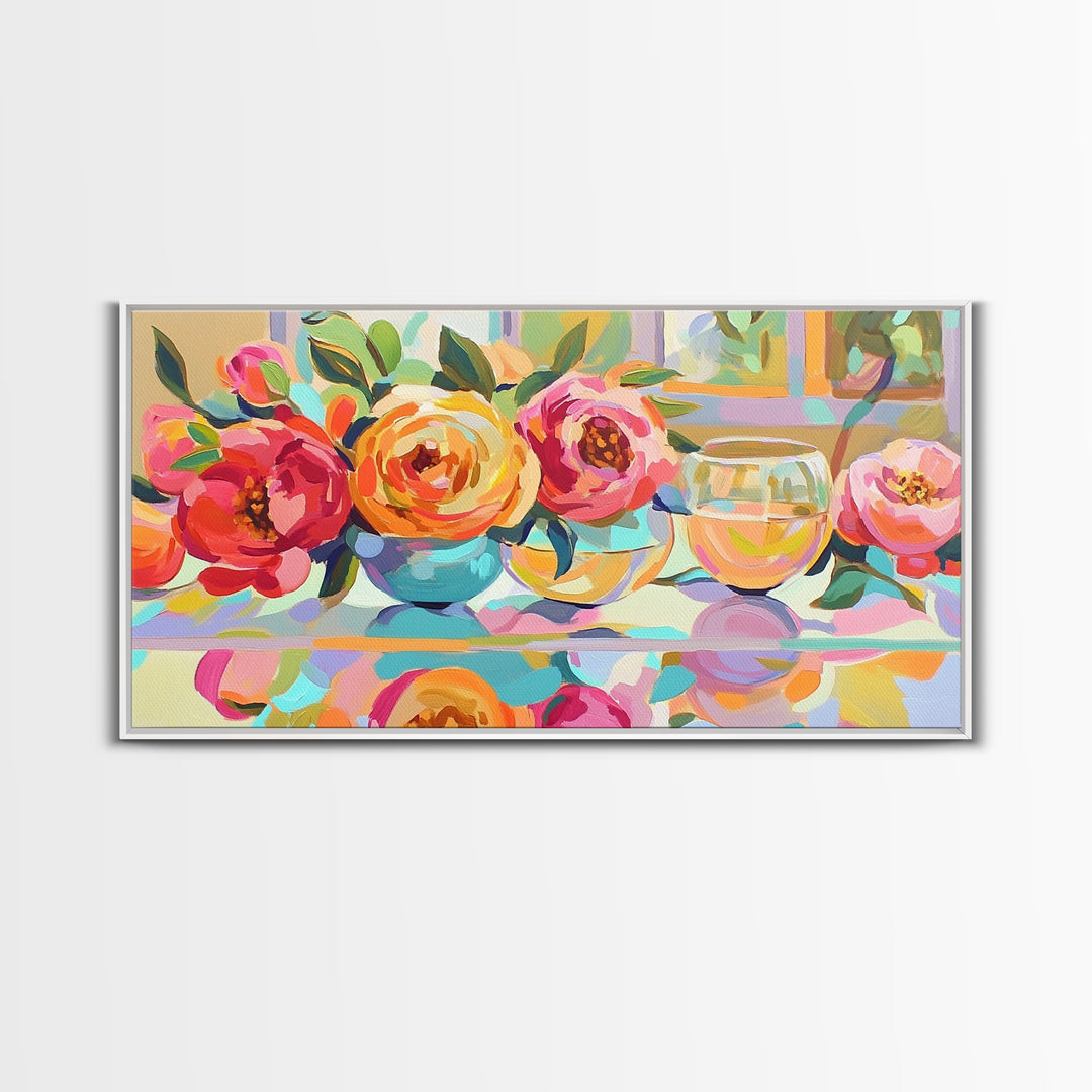 Pink Roses And White Wine Framed Canvas Print, Floral Still Life Wall Art, Romantic Kitchen Decor Gift For Her Dining Room Art