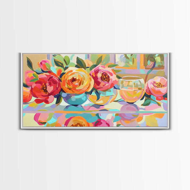 Pink Roses And White Wine Framed Canvas Print, Floral Still Life Wall Art, Romantic Kitchen Decor Gift For Her Dining Room Art