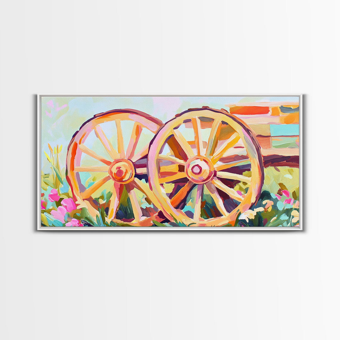 Rustic Wagon Wheels In Flower Garden Framed Canvas Print, Farmhouse Wall Art, Western Decor, Country Landscape Gift For Home