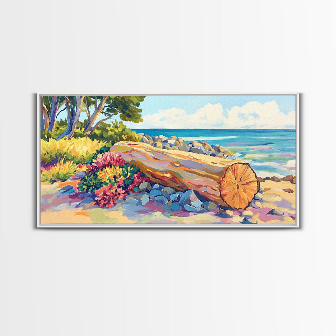 Sunlit Driftwood Beach And Turquoise Ocean Canvas Print, Coastal Wall Art, Seascape Painting, Beach House Decor Gift For Her