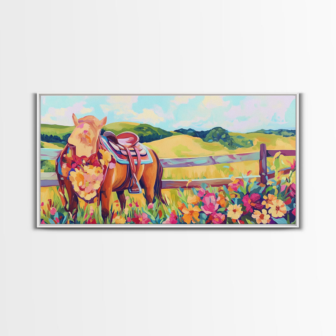 Pasture Horse With Saddle And Wildflowers Framed Canvas Print, Western Wall Art, Country Farmhouse Decor, Horse Lover Gift