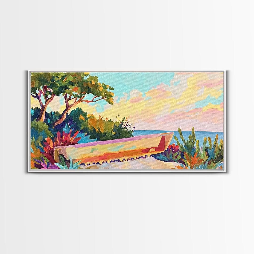 Pastel Garden Bench Overlooking Calm Sea Canvas Print, Coastal Wall Art, Mediterranean Decor, Serene Landscape For Living Room