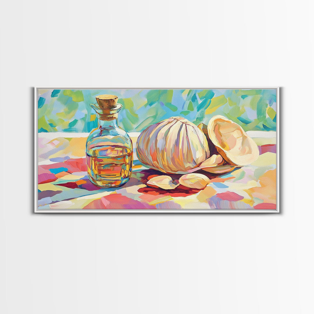 Garlic Bulb With Glass Oil Bottle And Shell Canvas Print, Kitchen Wall Art, Coastal Food Still Life Decor, Housewarming Gift