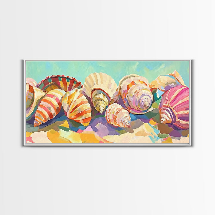 Rainbow Seashell Collection Beach Still Life Canvas Print, Coastal Wall Art, Nautical Home Decor, Colorful Beach House Gift