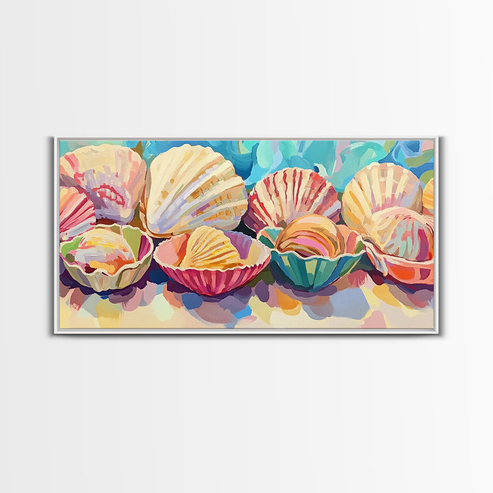 Colorful Scallop Shell Trio Still Life Wall Art, Coastal Bathroom Decor, Seashell Canvas Print, Beach House Gallery Art Print