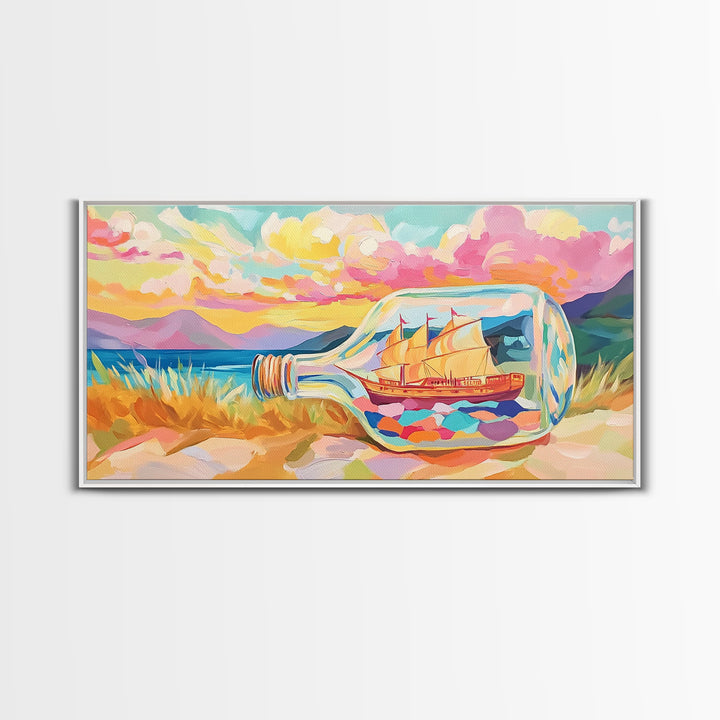 Ship In A Bottle Sunset Seascape Canvas Print, Coastal Wall Art, Nautical Beach House Decor, Whimsical Ocean Landscape Art
