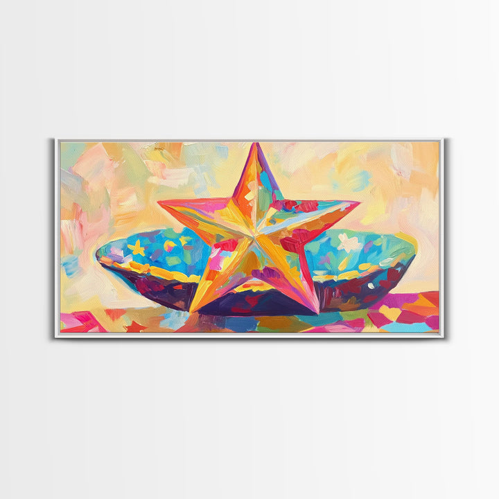 Painted Starfish And Bright Seashell Still Life Wall Art, Coastal Canvas Print, Beach House Decor, Colorful Nautical Art Gift