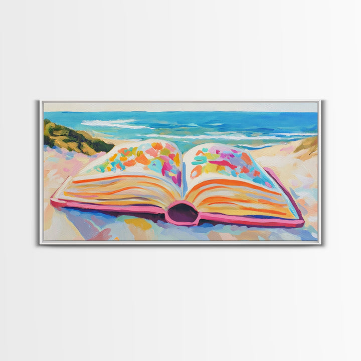 Open Book On Sunny Beach Canvas Print, Coastal Wall Art, Beach House Decor, Ocean Landscape Art, Gift For Book Lover, Living Room Decor