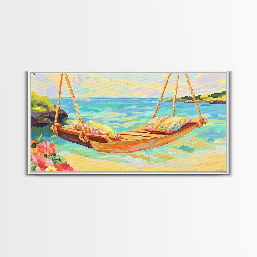Tropical Beach Hammock Over Turquoise Water Canvas Print, Coastal Wall Art, Beach House Decor, Summer Living Room Decor Gift