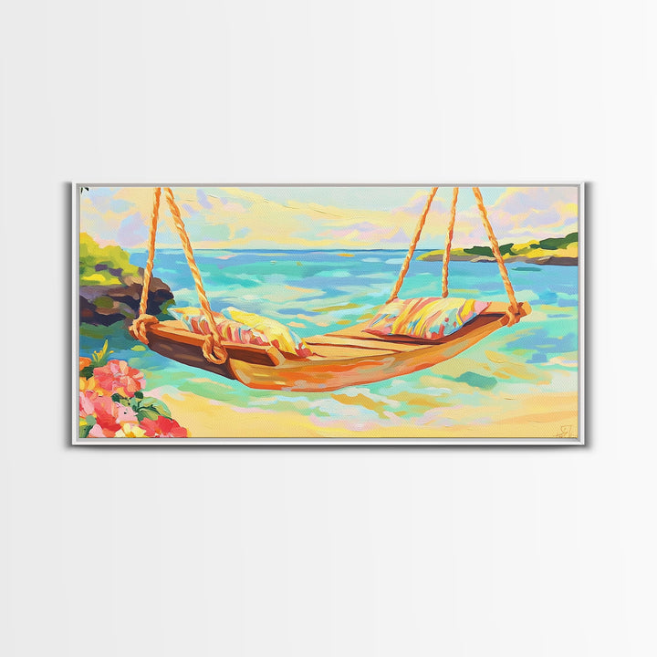 Tropical Beach Hammock Over Turquoise Water Canvas Print, Coastal Wall Art, Beach House Decor, Summer Living Room Decor Gift