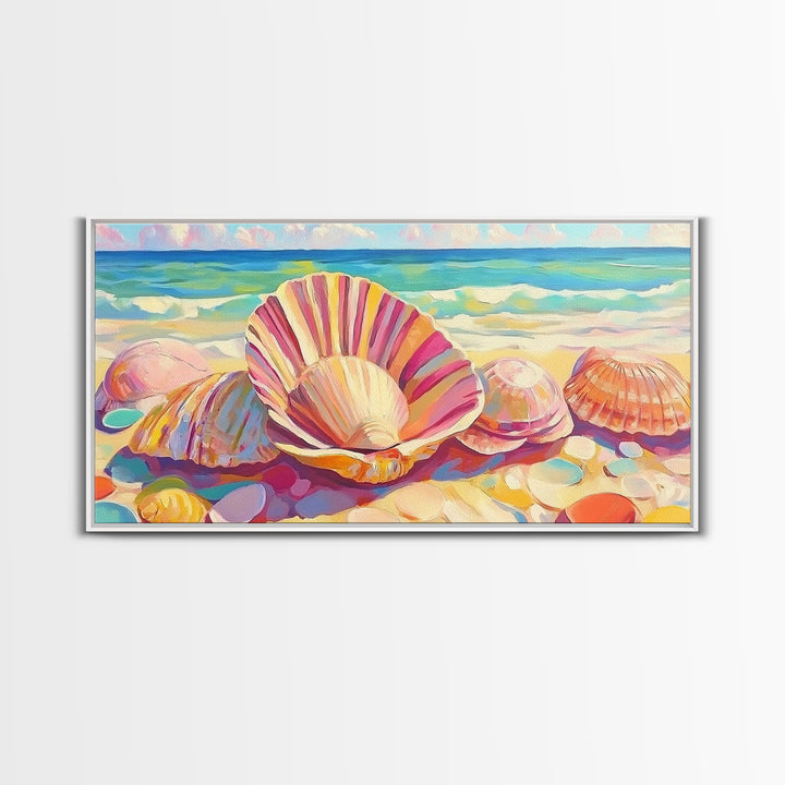 Pink Seashells On Sandy Beach Canvas Print, Coastal Wall Art, Beach House Decor, Ocean Wall Decor, Summer Gift For Her, Bathroom Decor