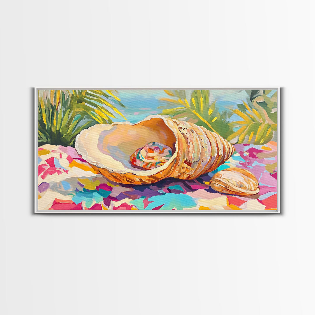 Colorful Seashell On Tropical Table Wall Art, Coastal Beach House Decor, Ocean Shell Canvas Print, Summer Nautical Gift Idea