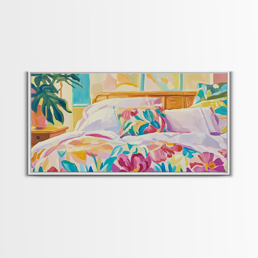 Bright Floral Bedding In Sunlit Bedroom Wall Art, Cozy Master Bedroom Decor, Tropical Canvas Print, Above Bed Gift For Her