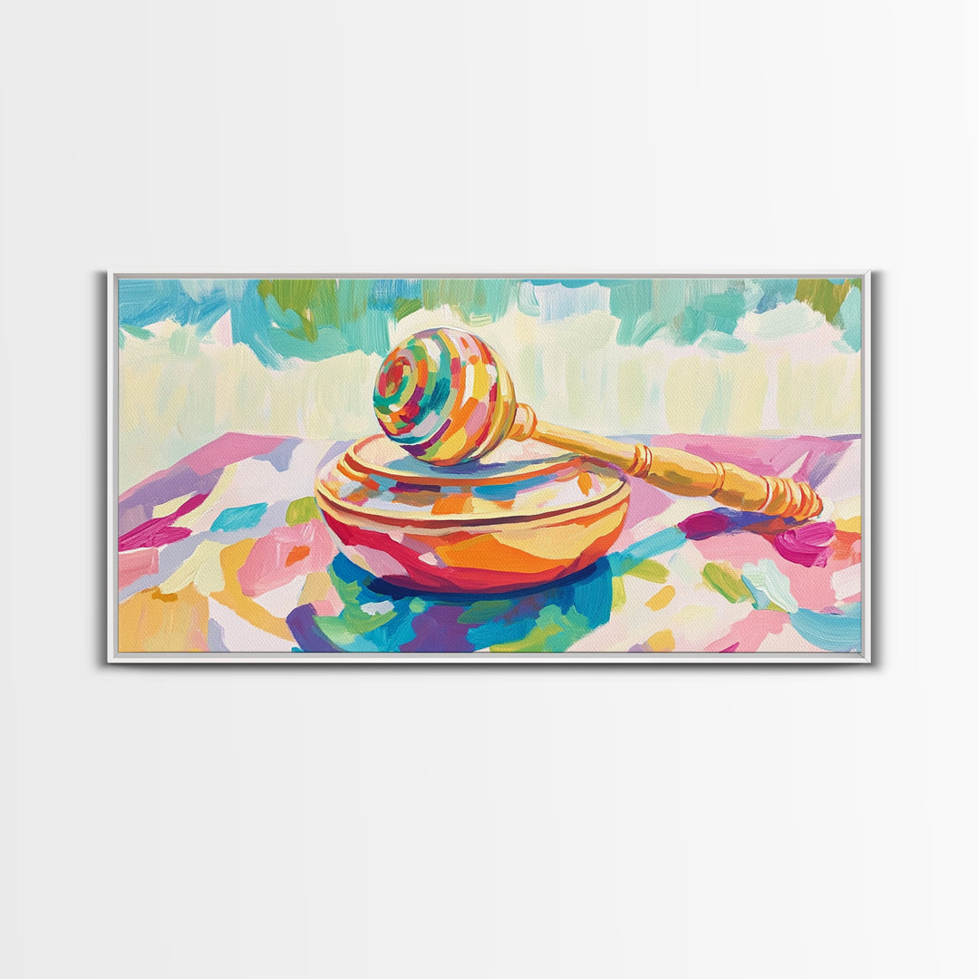Rainbow Maraca On Painted Bowl Canvas Print, Colorful Music Room Wall Art, Whimsical Nursery Decor And Playroom Art Gift