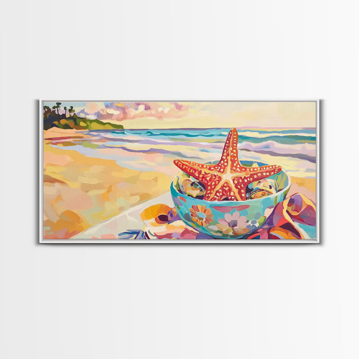 Red Starfish In Floral Bowl Beach Wall Art, Coastal Canvas Print, Ocean Decor, Beach House Gift For Her, Summer Seascape