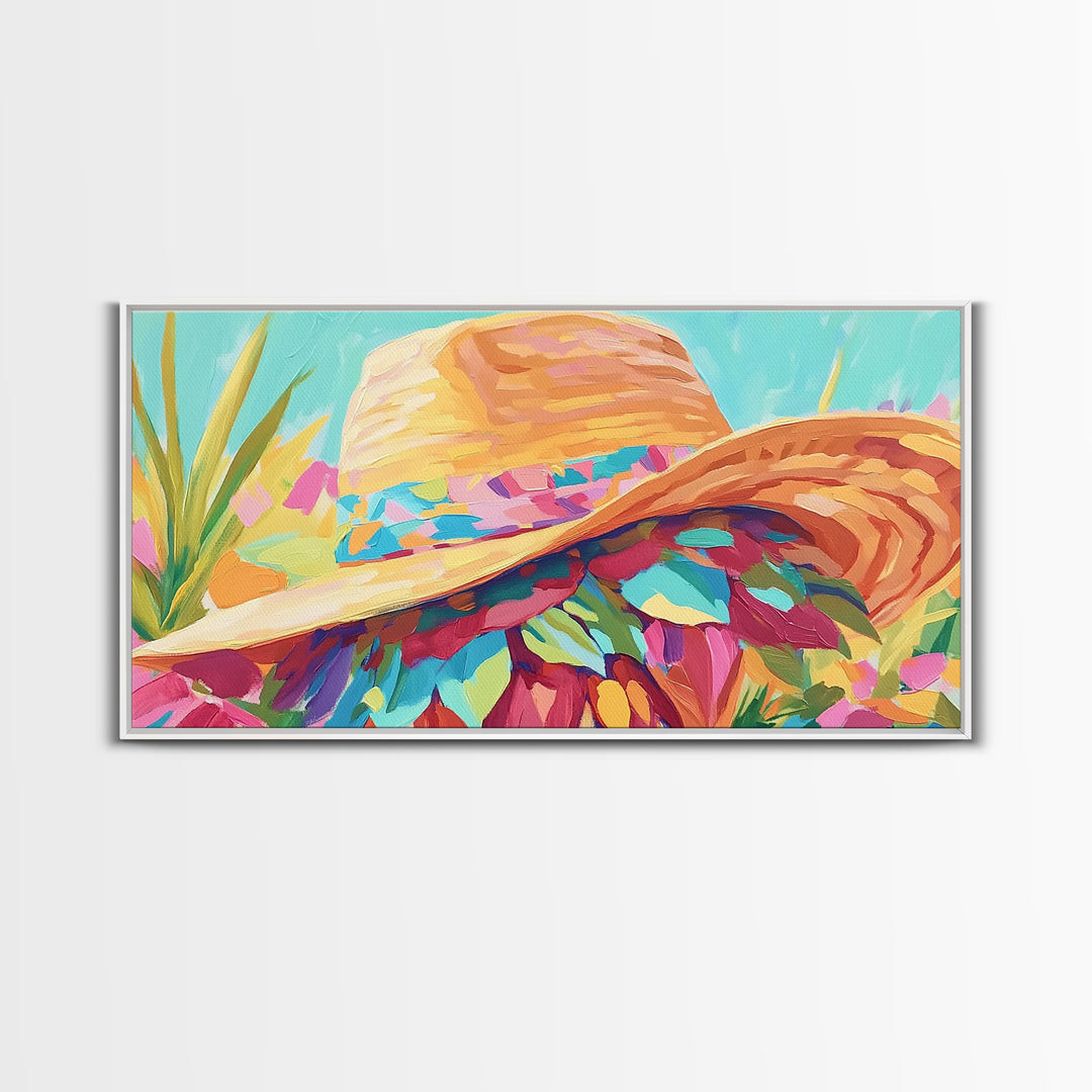 Sunlit Straw Hat With Floral Scarf Canvas Print, Coastal Cowgirl Wall Art, Summer Fashion Decor, Boho Home Decor, Gift For Her