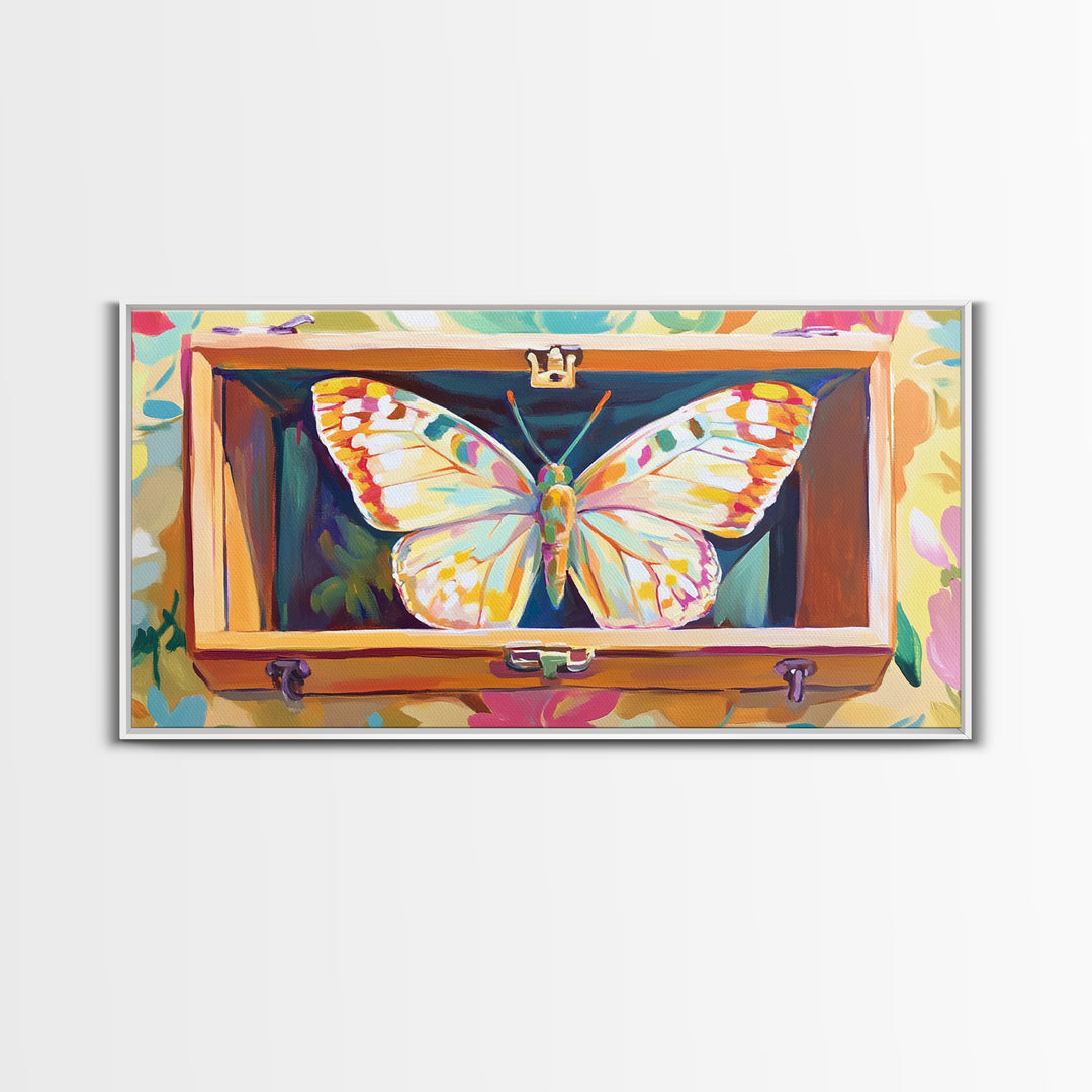 White Butterfly In Wooden Case Framed Canvas Print, Whimsical Animal Wall Art, Nature Inspired Art, Colorful Home Decor Gift
