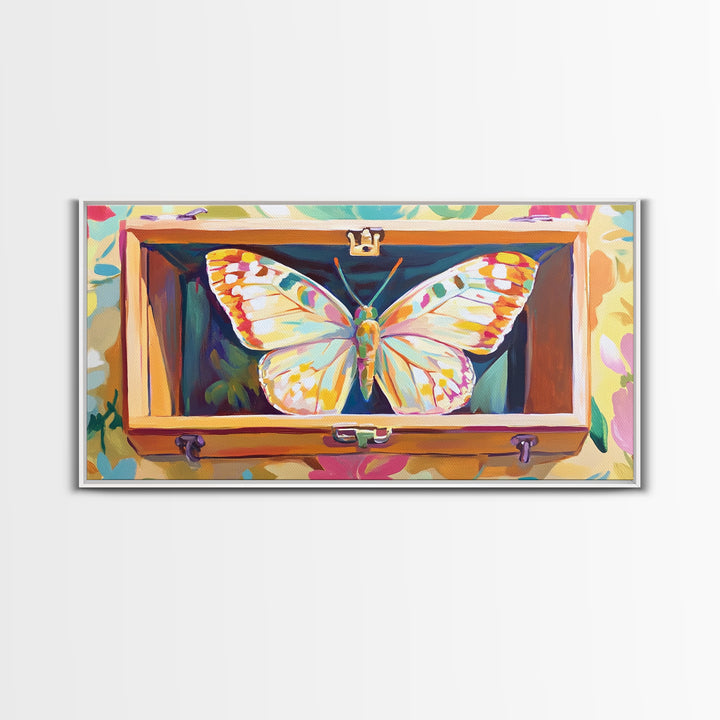 White Butterfly In Wooden Case Framed Canvas Print, Whimsical Animal Wall Art, Nature Inspired Art, Colorful Home Decor Gift