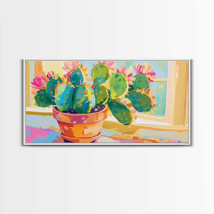 Blooming Prickly Pear Cactus Framed Canvas Print, Colorful Botanical Wall Art, Sunny Window Plant Lover Gift, Boho Home Decor