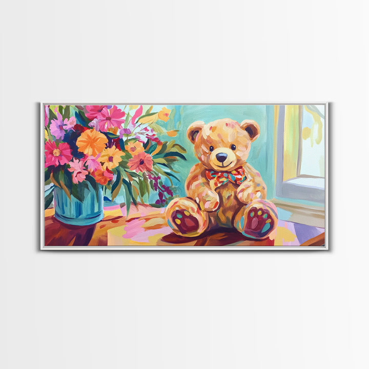 Sweet Teddy Bear With Flower Bouquet Wall Art, Colorful Nursery Decor, Kids Room Art Print, Baby Shower Housewarming Gift