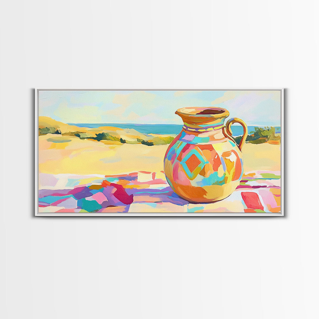 Colorful Ceramic Pitcher By Sunny Coast Framed Canvas Print, Coastal Wall Art, Mediterranean Kitchen Decor, Beach House Gift