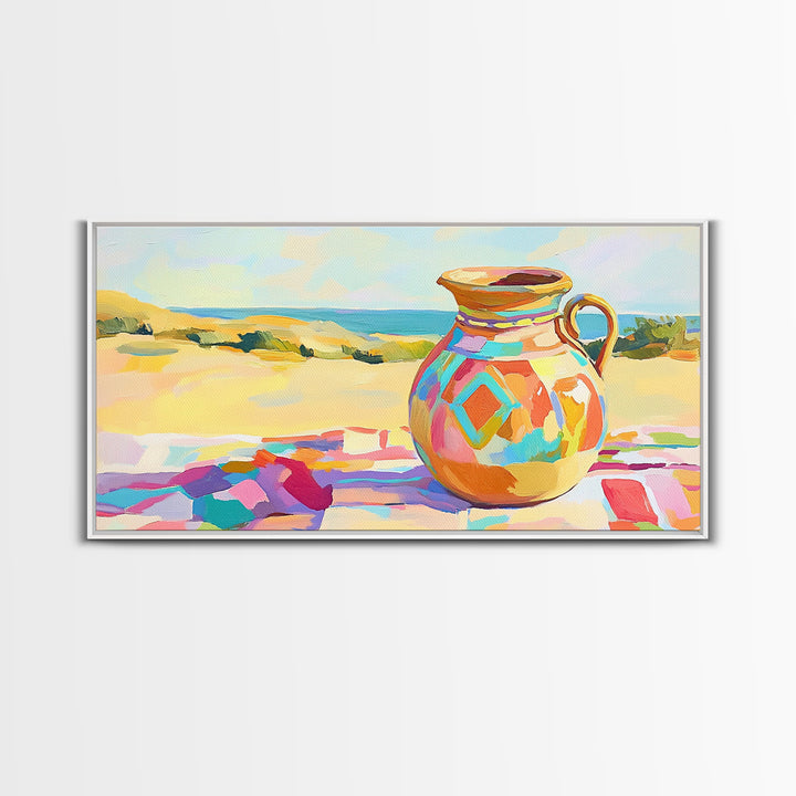 Colorful Ceramic Pitcher By Sunny Coast Framed Canvas Print, Coastal Wall Art, Mediterranean Kitchen Decor, Beach House Gift