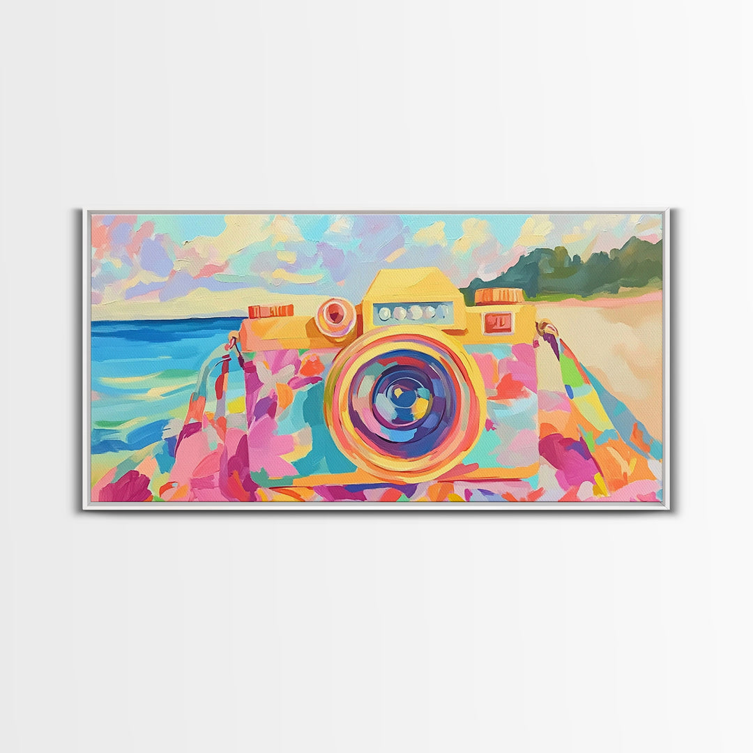 Retro Floral Camera On Sunny Beach Towel Canvas Print, Coastal Wall Art, Photography Decor, Dopamine Decor, Gift For Her
