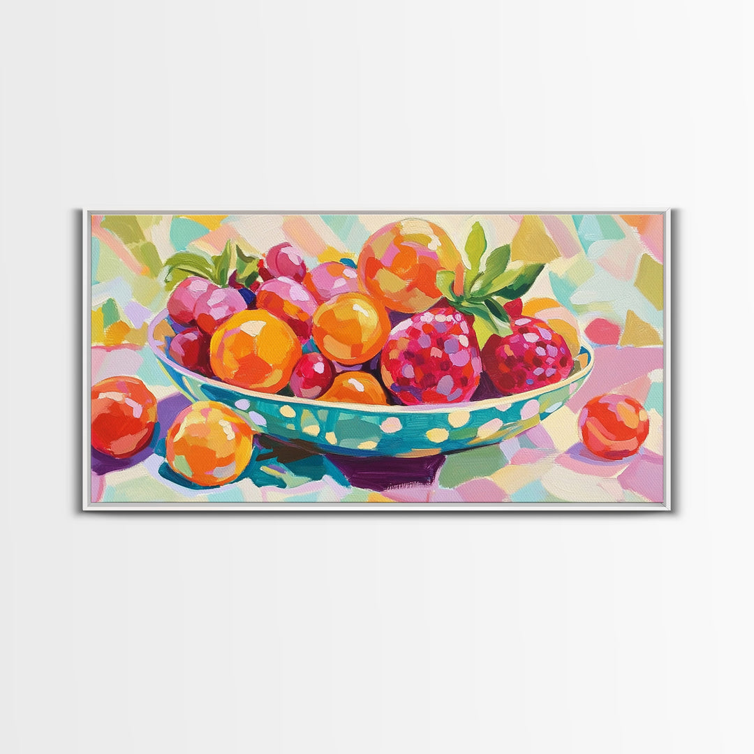 Bright Fruit Bowl With Berries Canvas Print, Colorful Kitchen Wall Art, Fruit Art Painting, Dining Room Prints, Foodie Gift