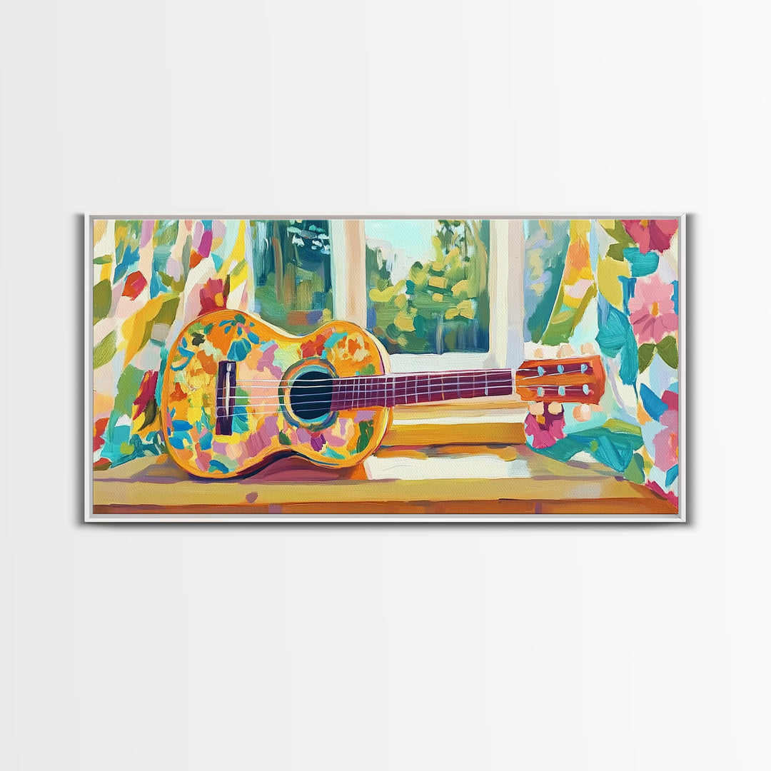 Painted Ukulele By Sunny Window Framed Canvas Print, Music Room Decor, Tropical Wall Art, Boho Home Decor, Gift For Music Lover