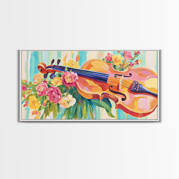 Romantic Violin With Garden Flowers Framed Canvas Print, Music Room Decor, Floral Wall Art, Gift For Music Lover, Elegant Fine Art Print