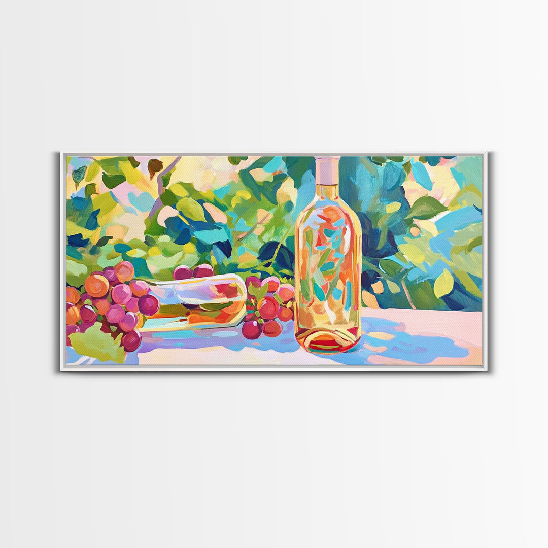 Sunlit Wine Bottle And Grapes Framed Canvas Print, Vineyard Kitchen Wall Art, Winery Decor, Wine Lover Housewarming Gift
