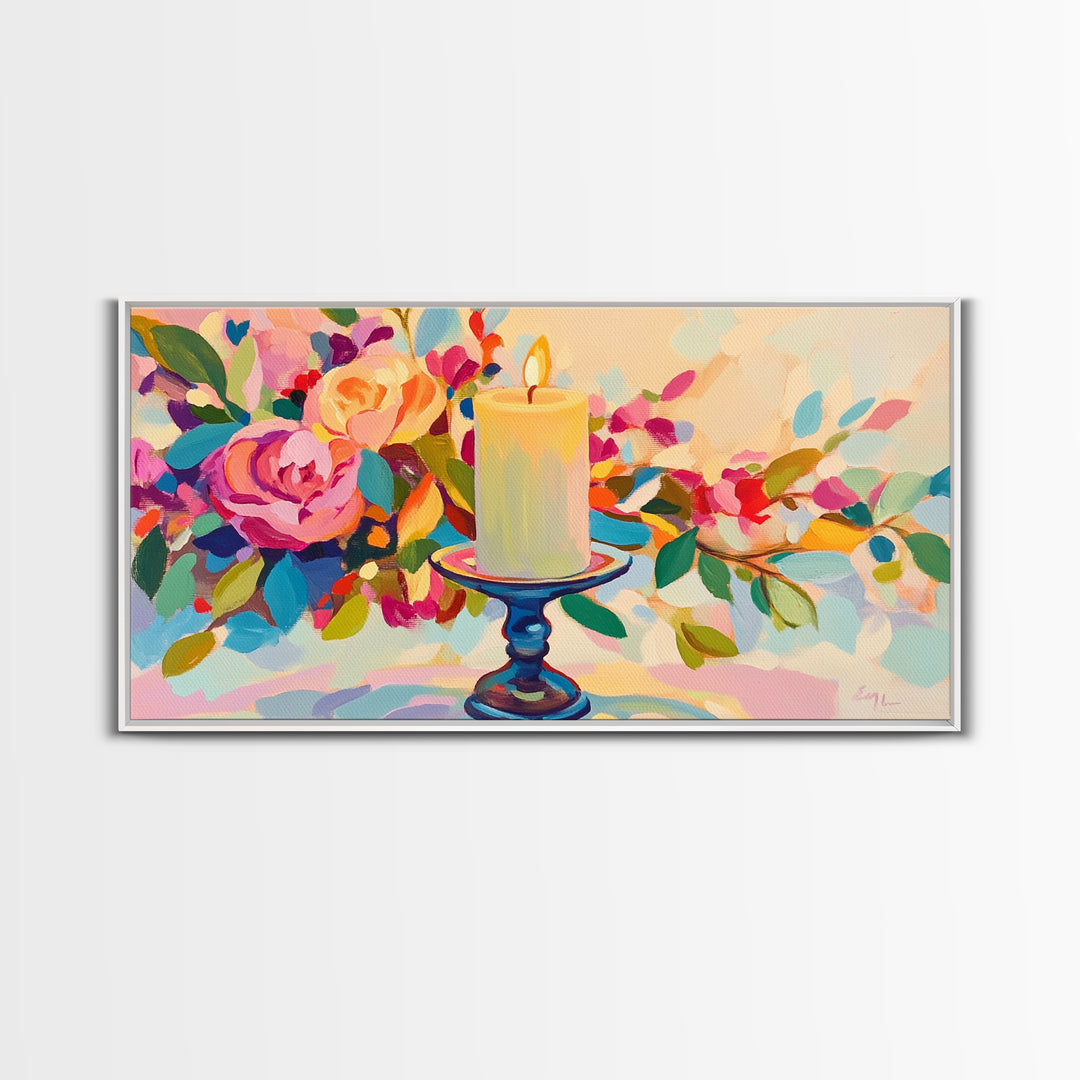Lit Candle Among Lush Flowers Wall Art, Romantic Floral Framed Canvas Print For Bedroom Decor, Spa Decor, Gift For Her, Home Decor
