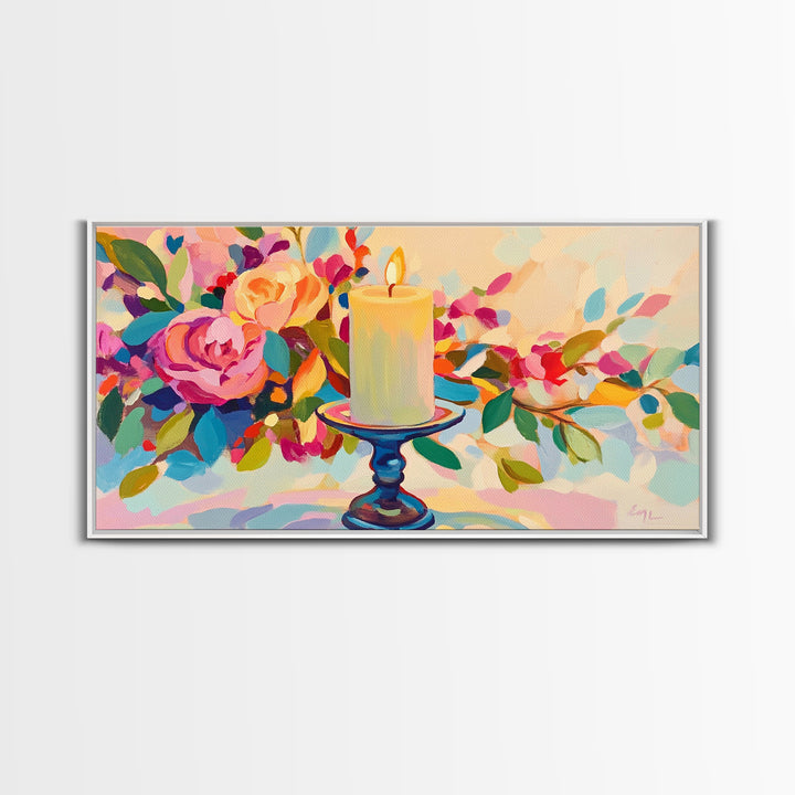 Lit Candle Among Lush Flowers Wall Art, Romantic Floral Framed Canvas Print For Bedroom Decor, Spa Decor, Gift For Her, Home Decor