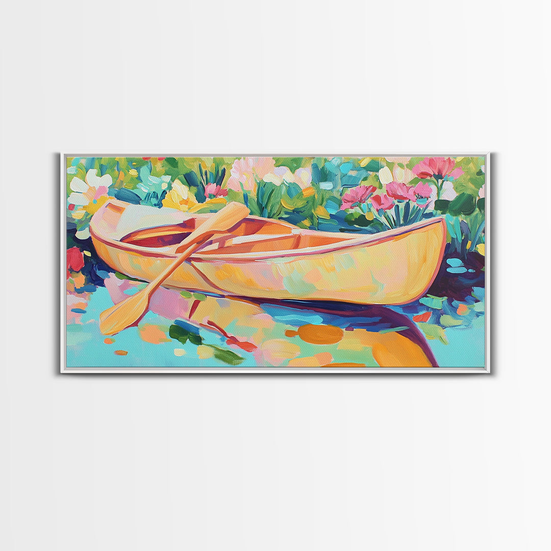 Yellow Canoe With Paddle In Floral Water Canvas Print, Coastal Wall Art, Lake House Decor, Boho Landscape, Housewarming Gift